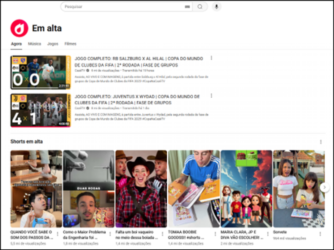 Captura de Tela do Em Alta do YouTube em junho de 2025